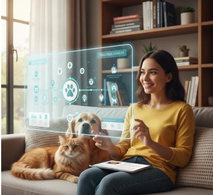 Ilustração com painel holográfico e texto ilegível ao lado de tutora com pets